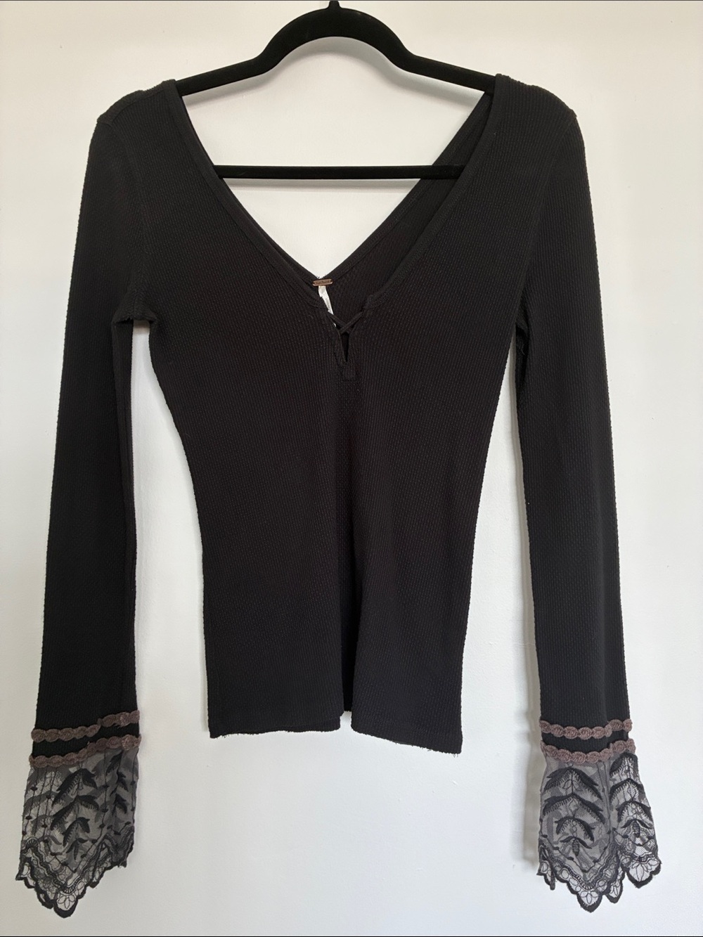 Free People Black Long Sleeve V-Neck Top with Lace Bell Cuffs